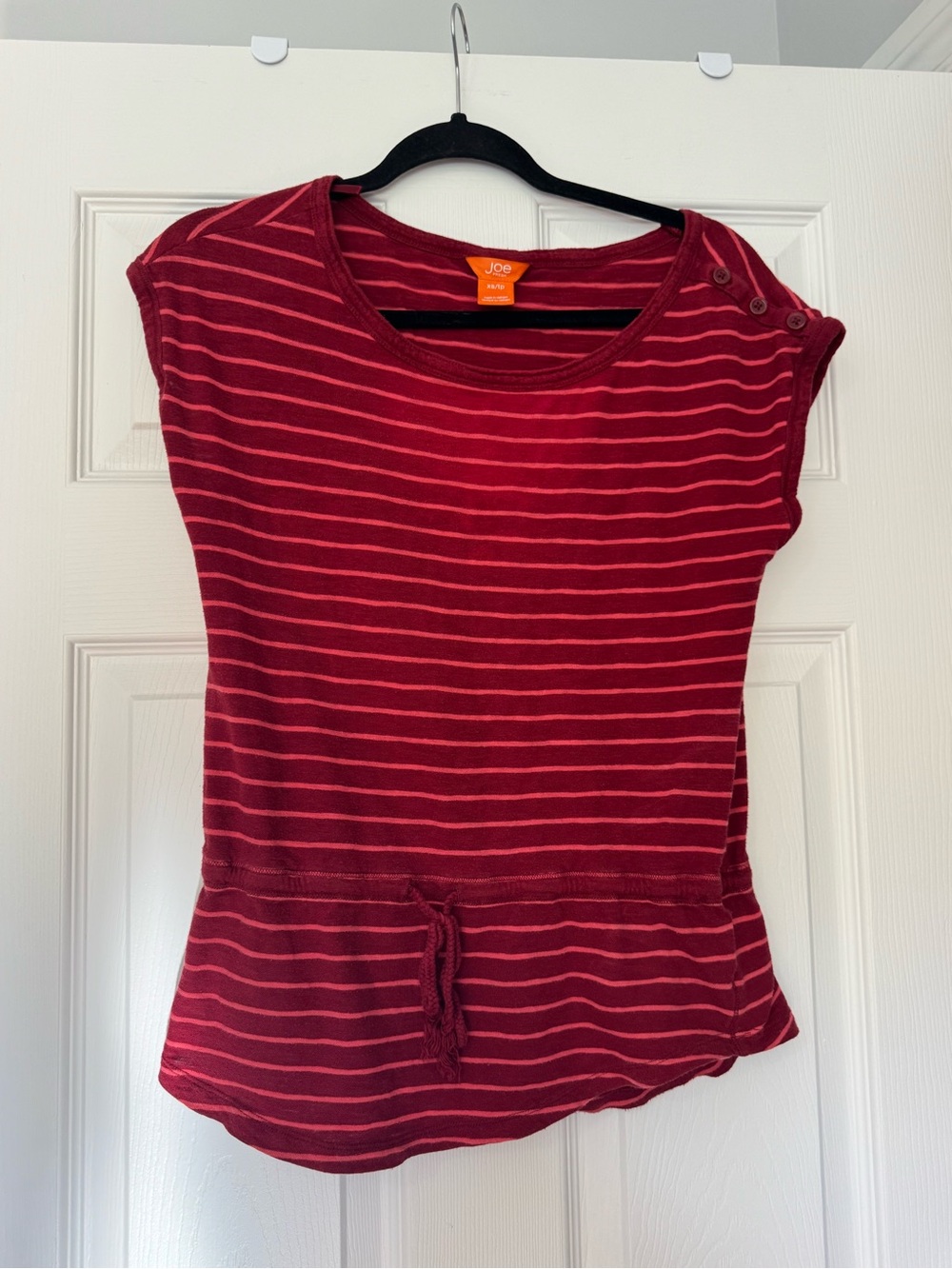 Joe Fresh Women's Striped Cap-Sleeve Knit Top in Burgundy/Coral
